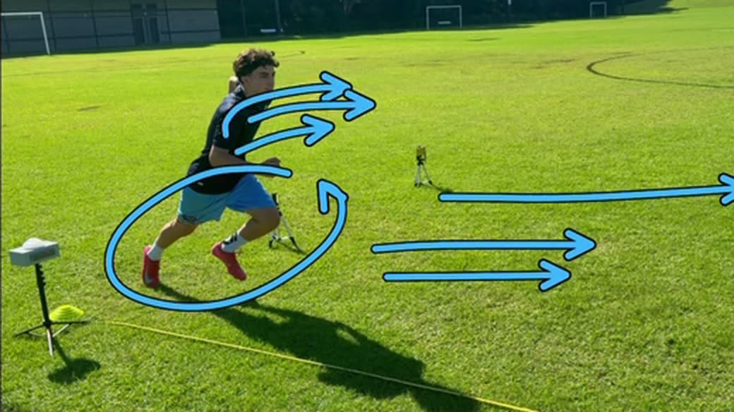 Sprint frame with circles marked on the hip and knee and arrows showing drive direction