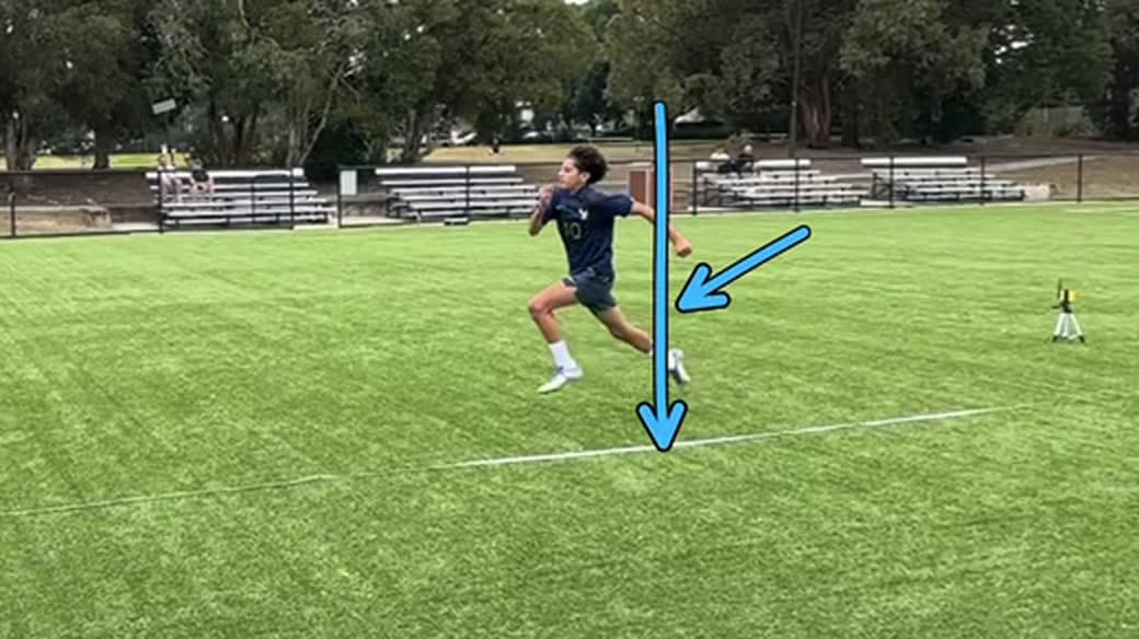 Sprint frame with a vertical line marking projection at toe off