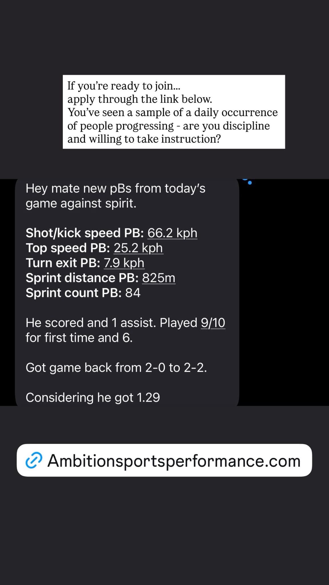 Real client message, Match-day PBs