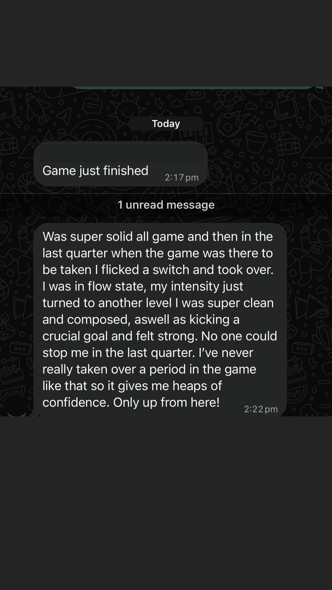 WhatsApp message: Sydney Swans youth player · the next day, straight after the game